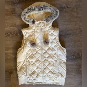 LOFT Cream Quilted Down Vest with Faux Fur Hood